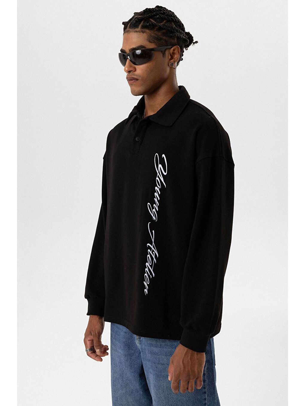 Polo Yaka Yazı Detaylı Oversıze Sweatshırt Siyah-3