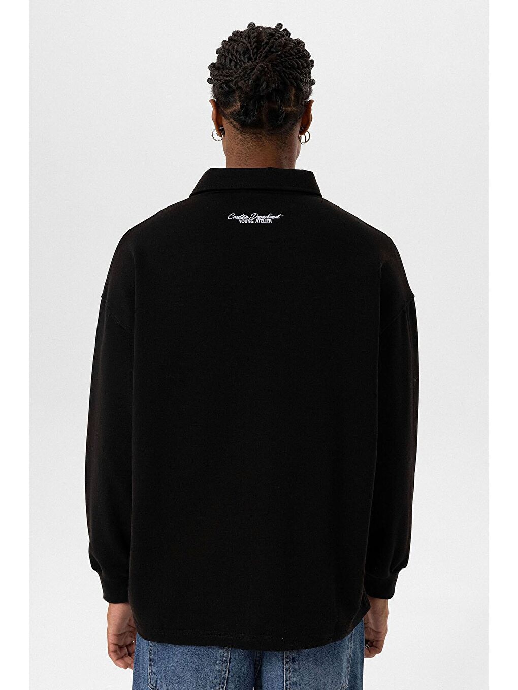 Polo Yaka Yazı Detaylı Oversıze Sweatshırt Siyah-4