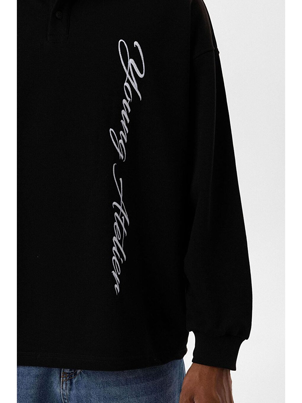 Polo Yaka Yazı Detaylı Oversıze Sweatshırt Siyah-7
