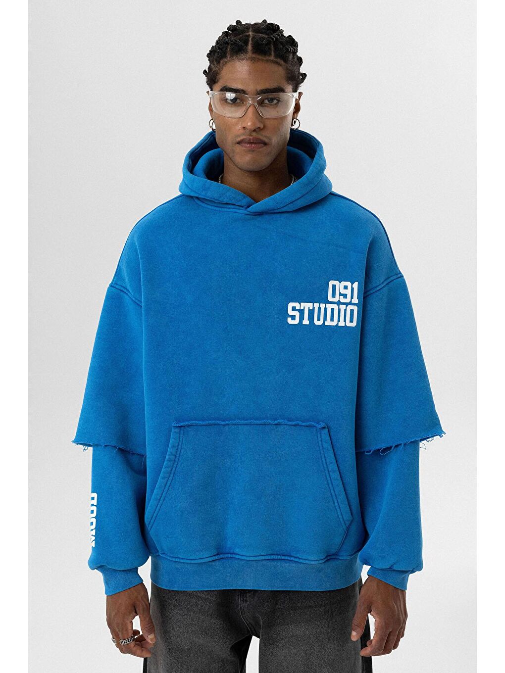 Turkuaz Yıkamalı Çift Kol Detaylı Kapüşonlu Oversize  Erkek Hoodie-1