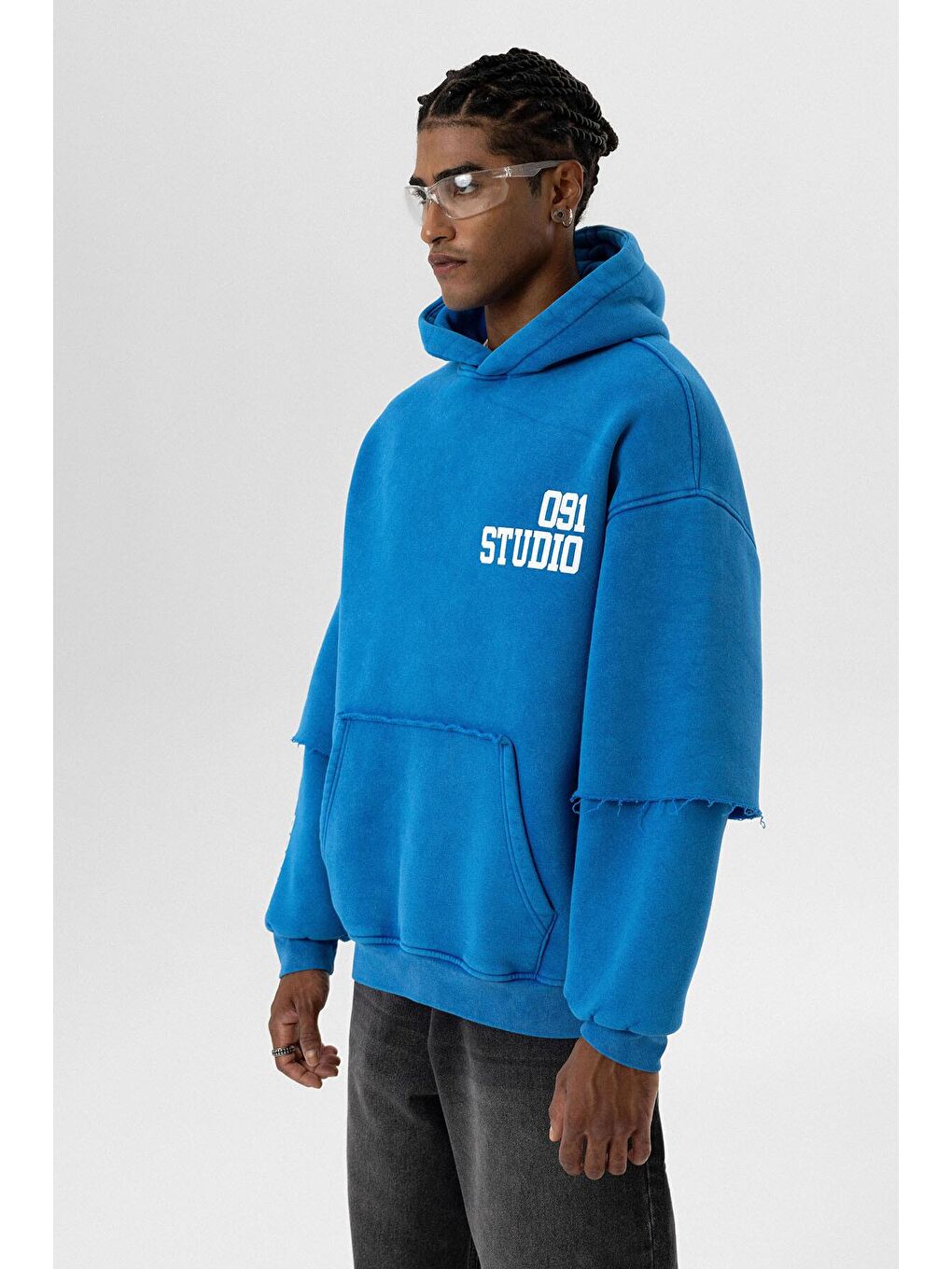 Turkuaz Yıkamalı Çift Kol Detaylı Kapüşonlu Oversize  Erkek Hoodie-3