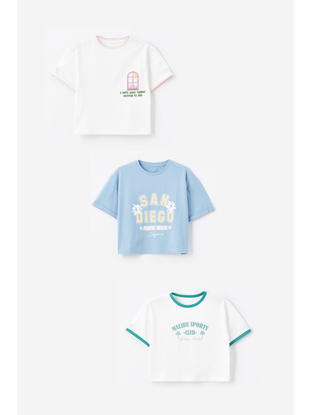 Beyaz 3' lü Set - Örme Baskı Detaylı Tshirt