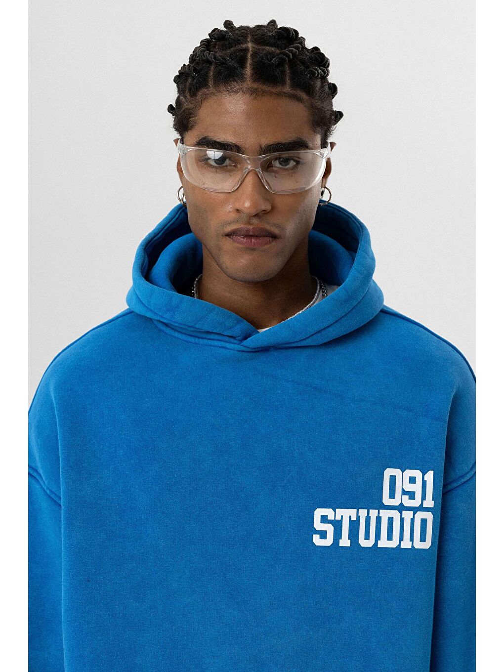 Turkuaz Yıkamalı Çift Kol Detaylı Kapüşonlu Oversize  Erkek Hoodie-4