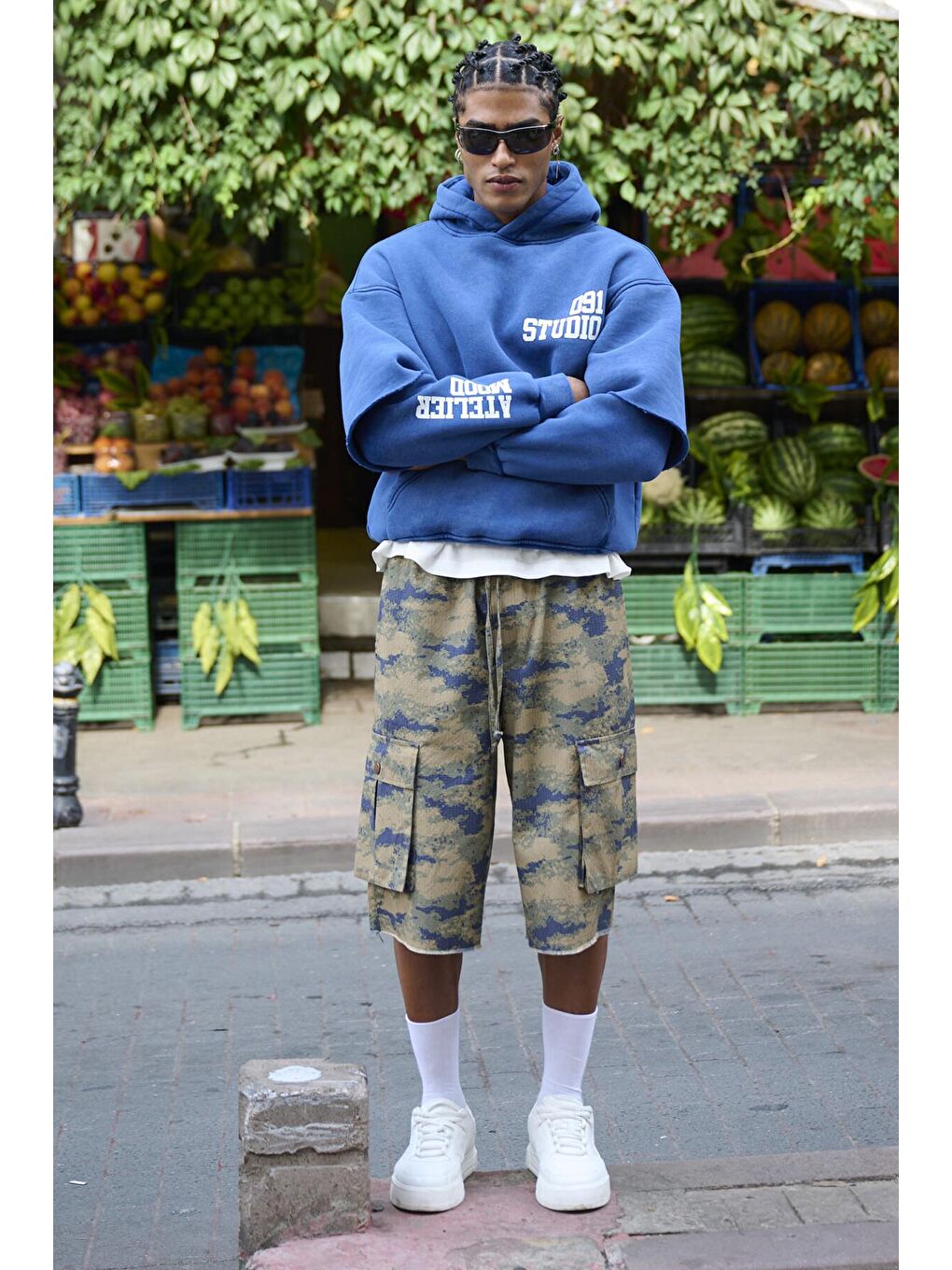 Turkuaz Yıkamalı Çift Kol Detaylı Kapüşonlu Oversize  Erkek Hoodie-5