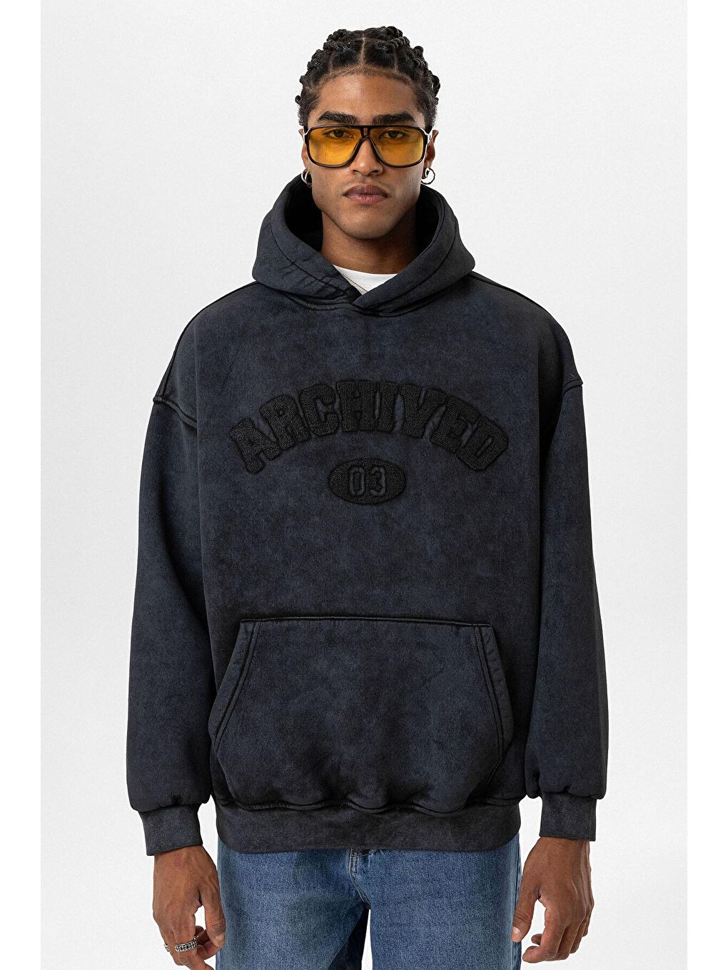 Siyah Yıkamalı Oversize Baskılı  Kapüşonlu Sweatshirt Hoodie-2