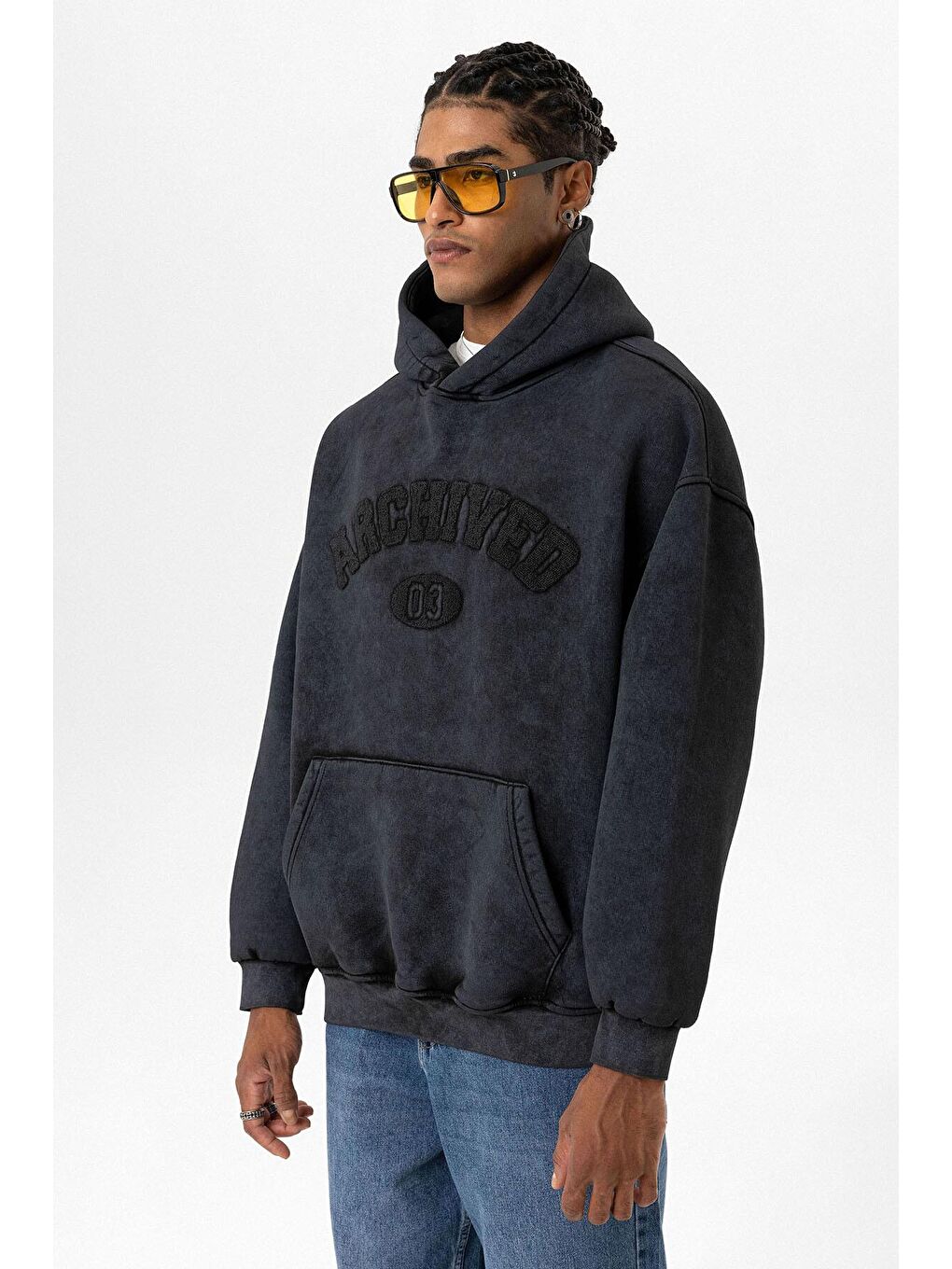Siyah Yıkamalı Oversize Baskılı  Kapüşonlu Sweatshirt Hoodie-3