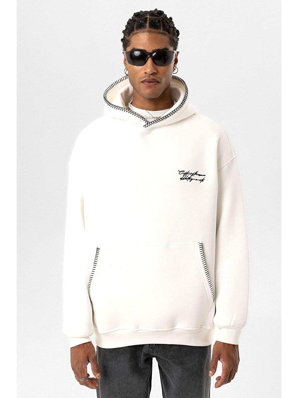 Yazı Detaylı Kapüşonlu Oversize Swaetshırt Ekru-7