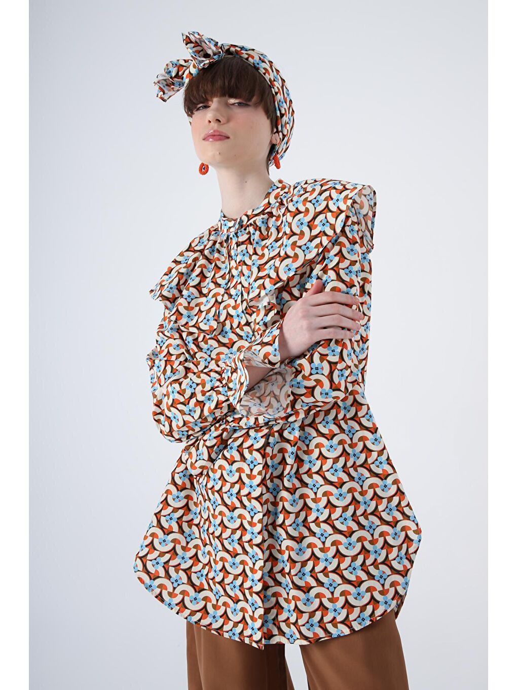 Kahverengi Ekru-Kahve %100 Pamuk Büyük Yakalı Emprime Desenli Gömlek Tunik-4