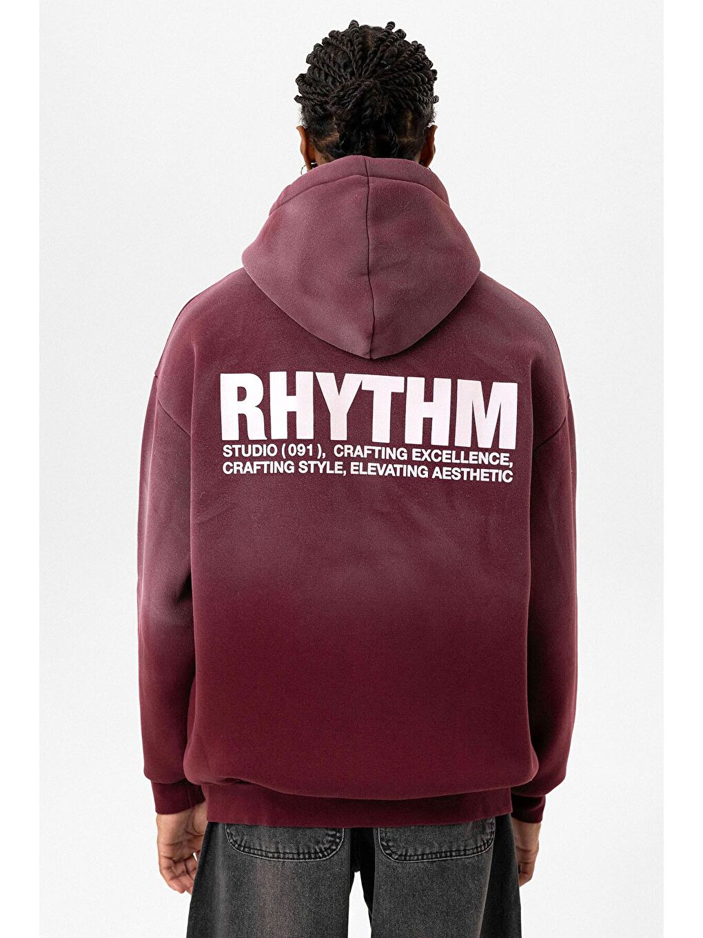 Bordo Arka Baskılı Oversize Kapüşonlu  Erkek Hoodie-3