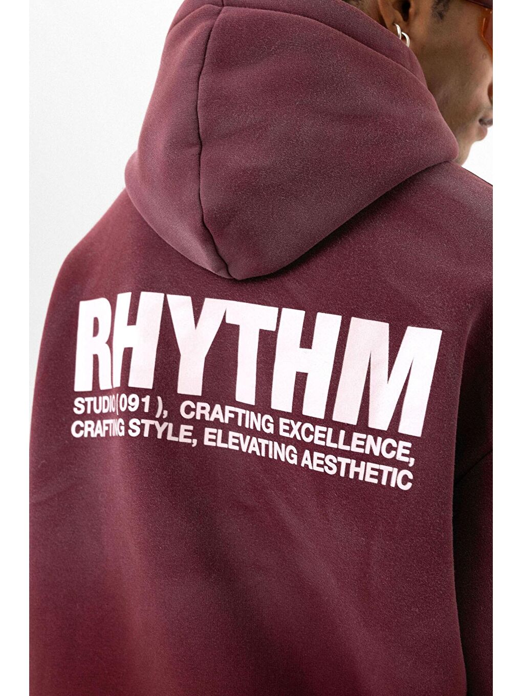 Bordo Arka Baskılı Oversize Kapüşonlu  Erkek Hoodie-4