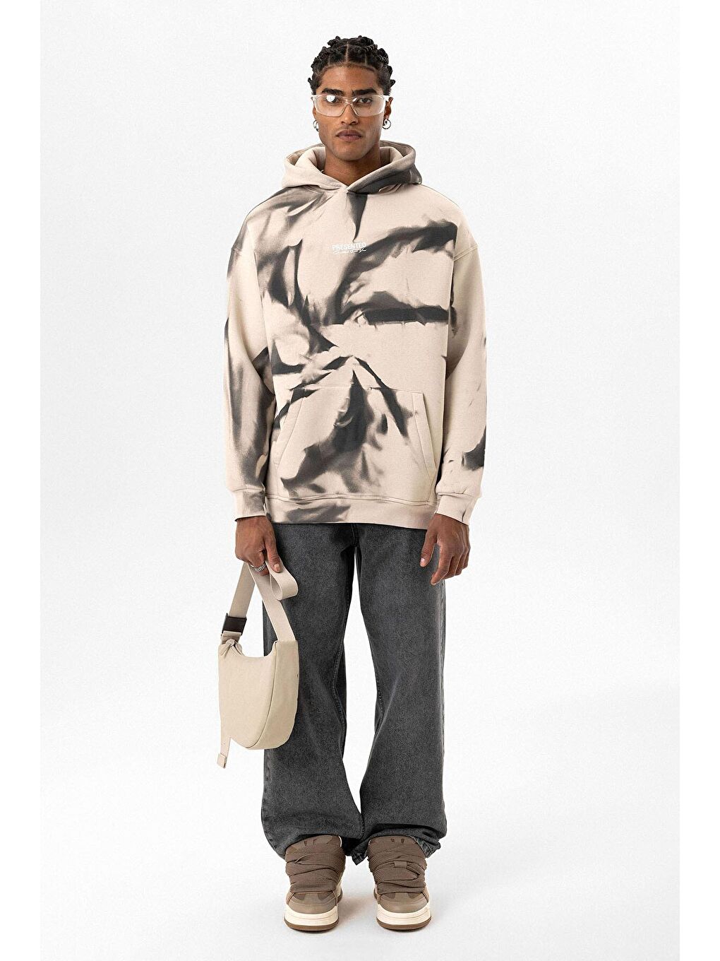 Bej Renk Detaylı Kapüşonlu Oversize Sweatshirt Taş