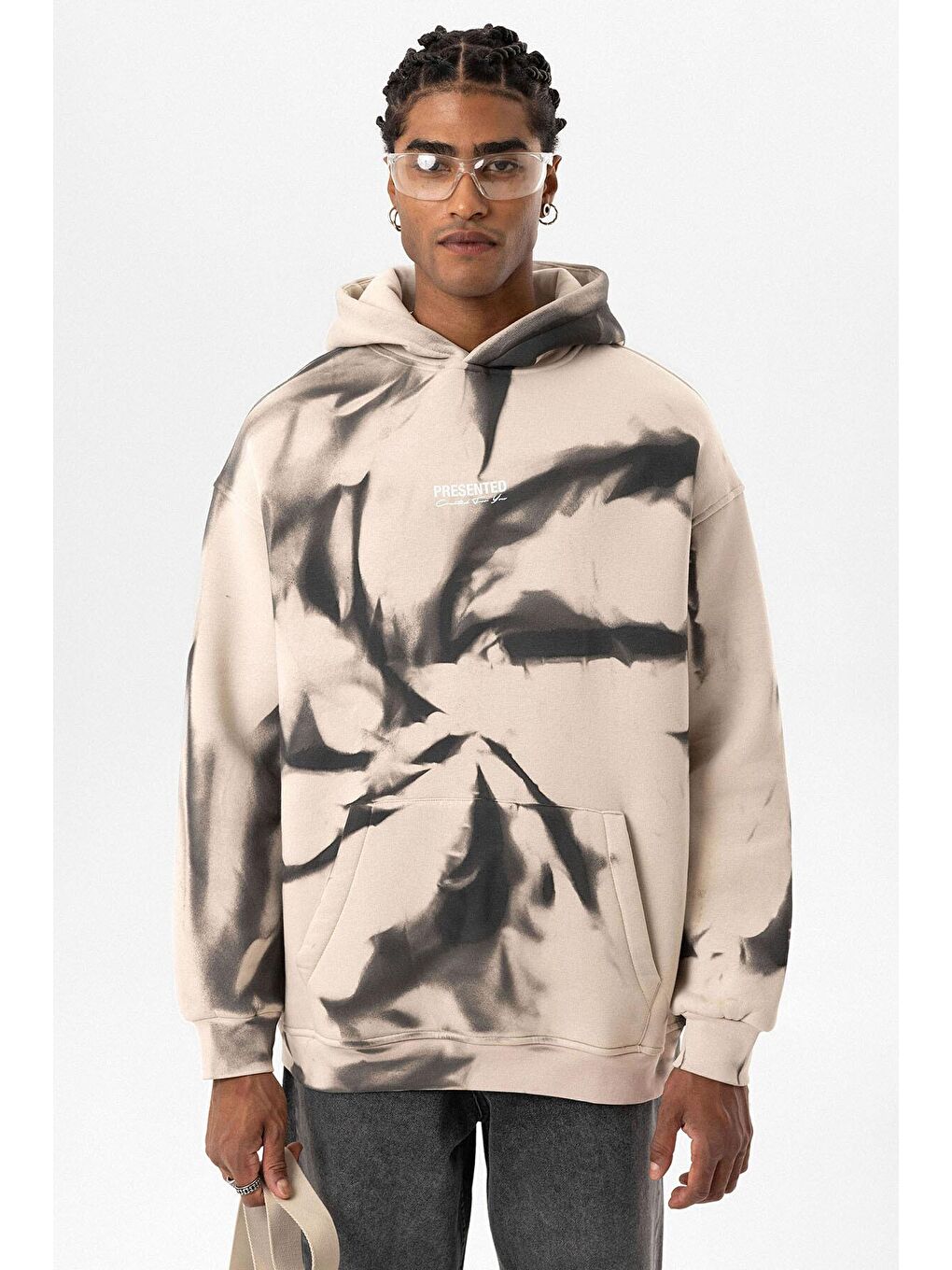 Bej Renk Detaylı Kapüşonlu Oversize Sweatshirt Taş-2