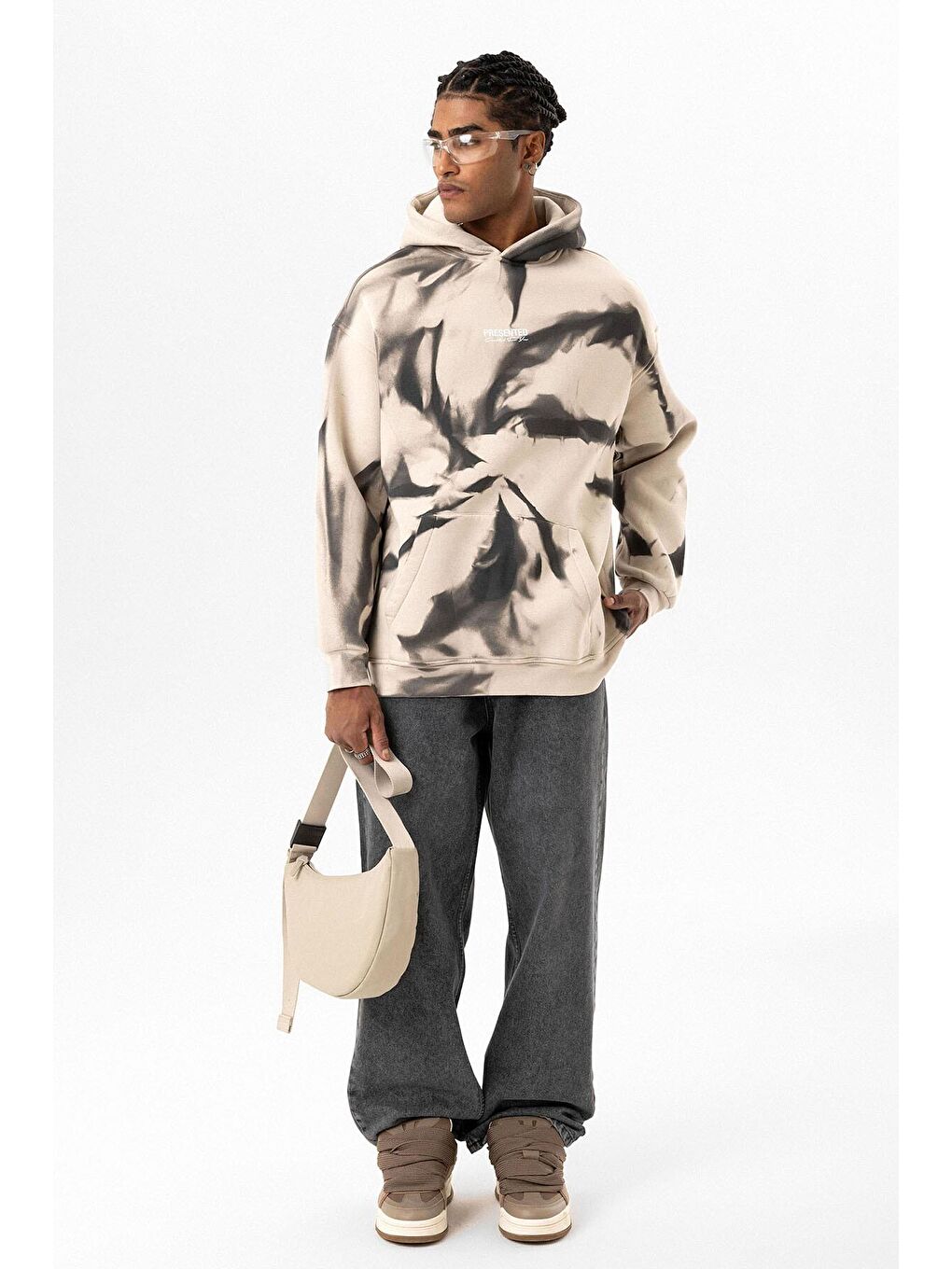 Bej Renk Detaylı Kapüşonlu Oversize Sweatshirt Taş-4