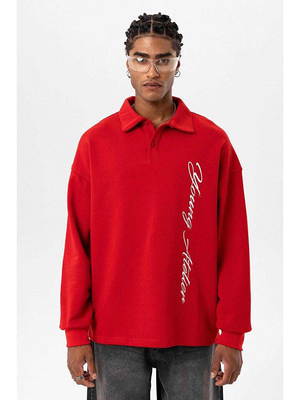 Polo Yaka Yazı Detaylı Oversize Sweatshirt Kırmızı