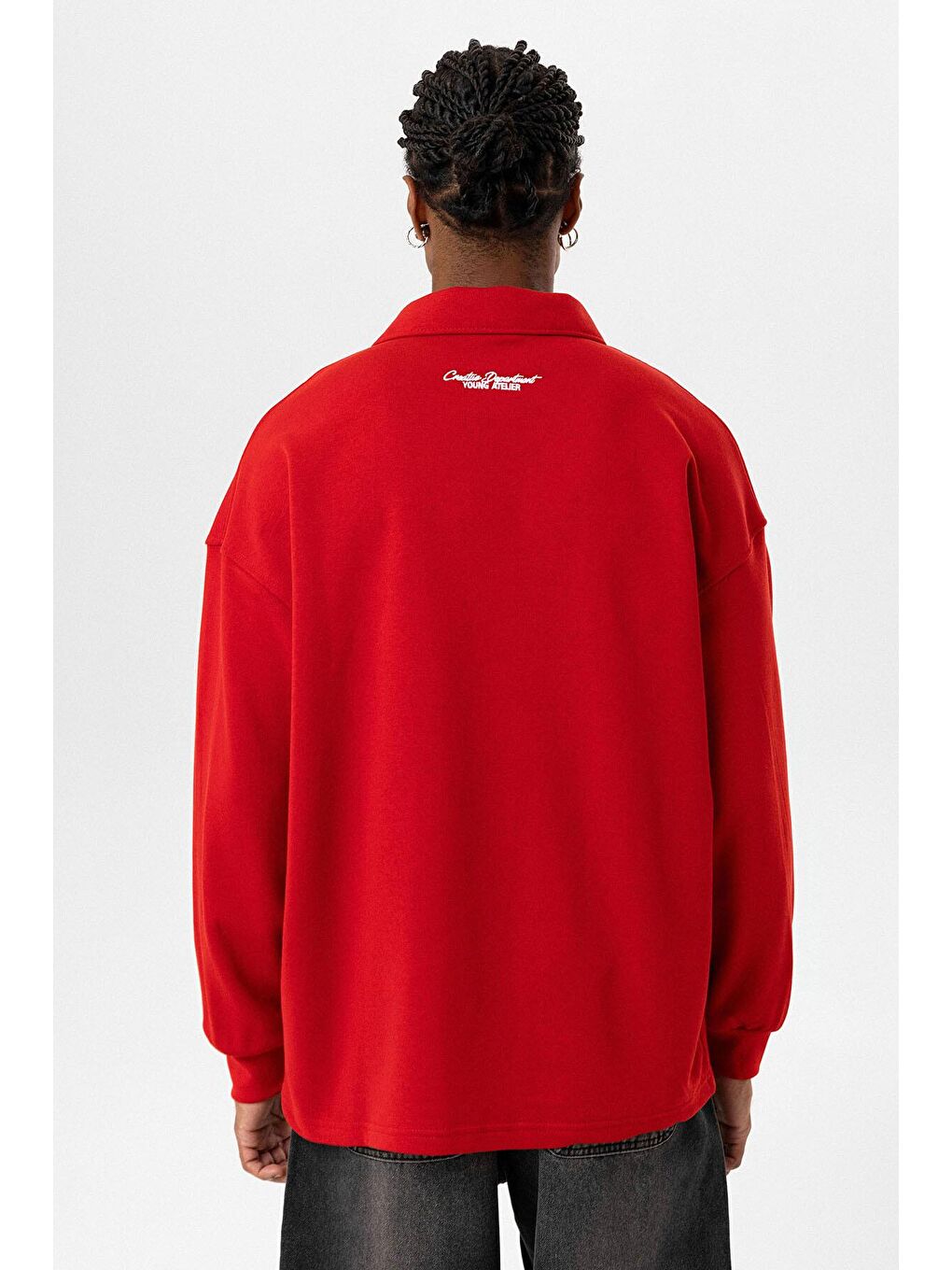Polo Yaka Yazı Detaylı Oversize Sweatshirt Kırmızı-3