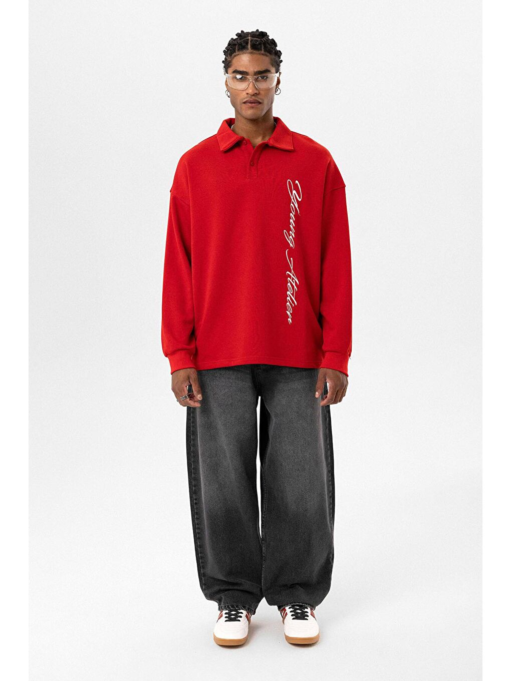 Polo Yaka Yazı Detaylı Oversize Sweatshirt Kırmızı-7