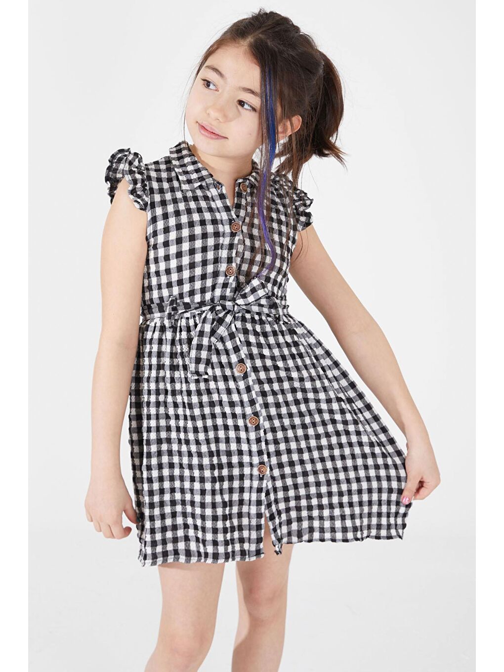 Siyah Kare Desenli Yakalı Kız Çocuk Elbise 15066-1