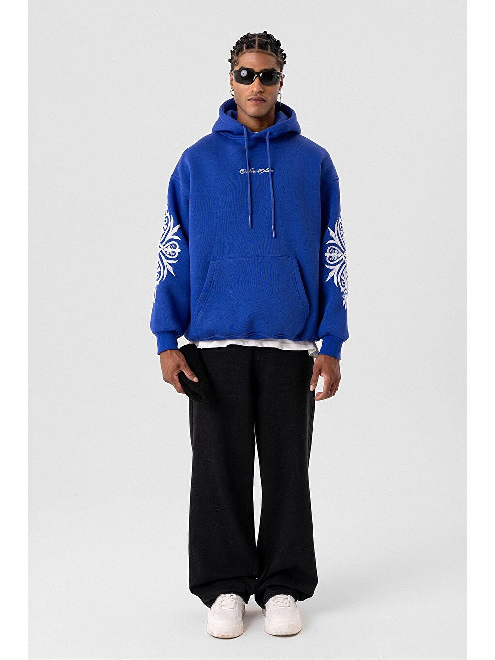 Mavi Desenli Oversıze Erkek Hoodie Saks