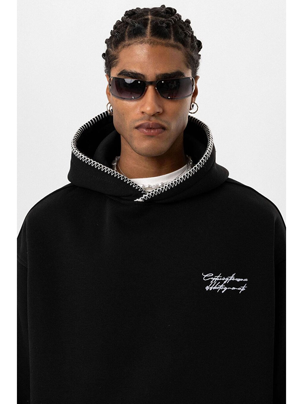 Yazı Detaylı Kapüşonlu Oversıze Swaetshırt Siyah-4