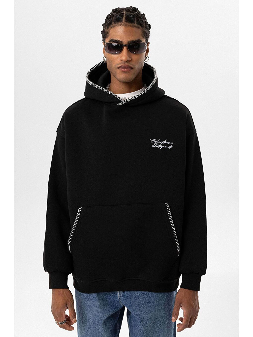 Yazı Detaylı Kapüşonlu Oversıze Swaetshırt Siyah-7