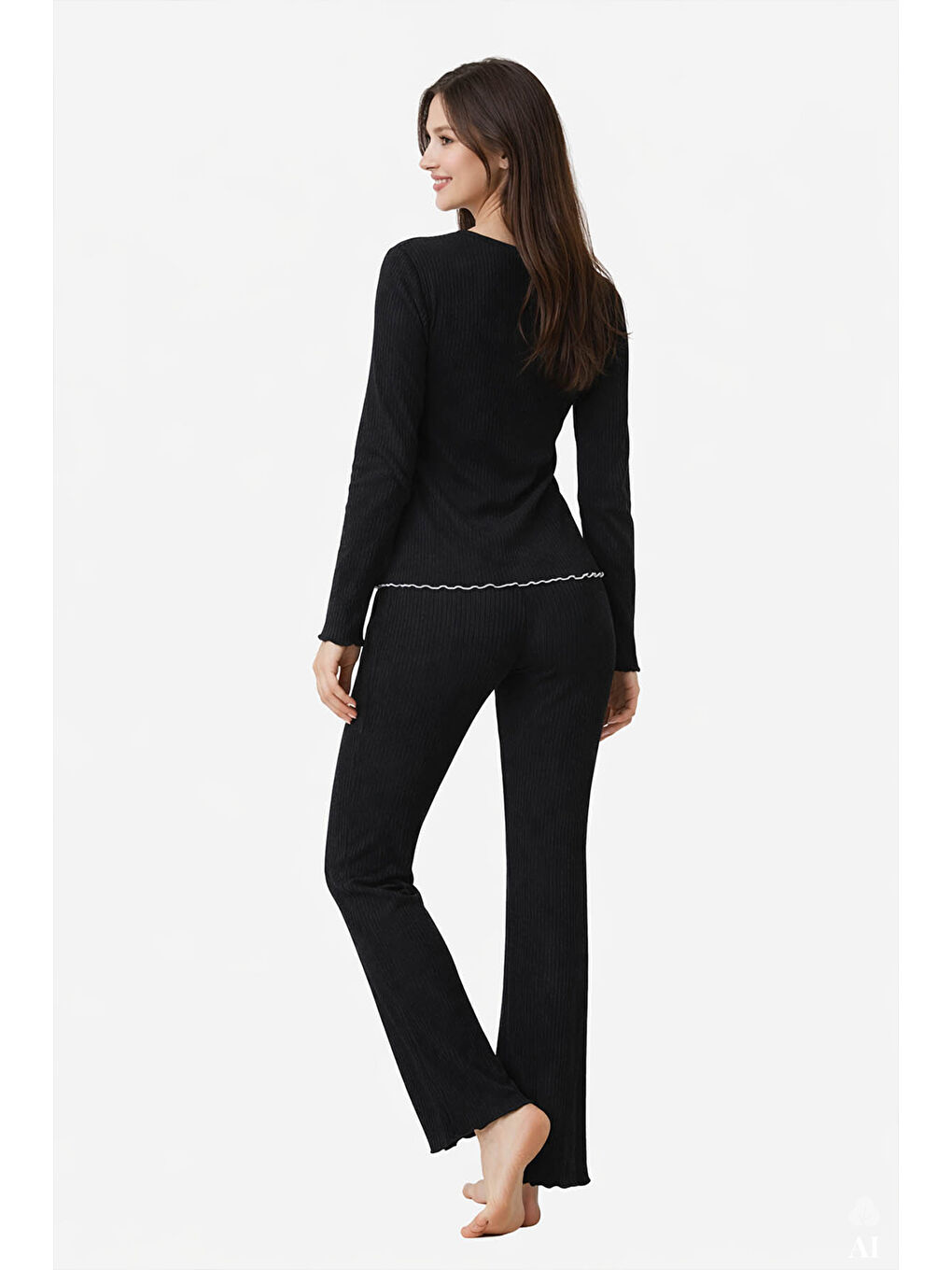 Siyah Kadın Pamuklu Çıtır Çiçek Desenli Baby Overloklu Fiyonklu Uzun Kollu Pijama Takımı-3