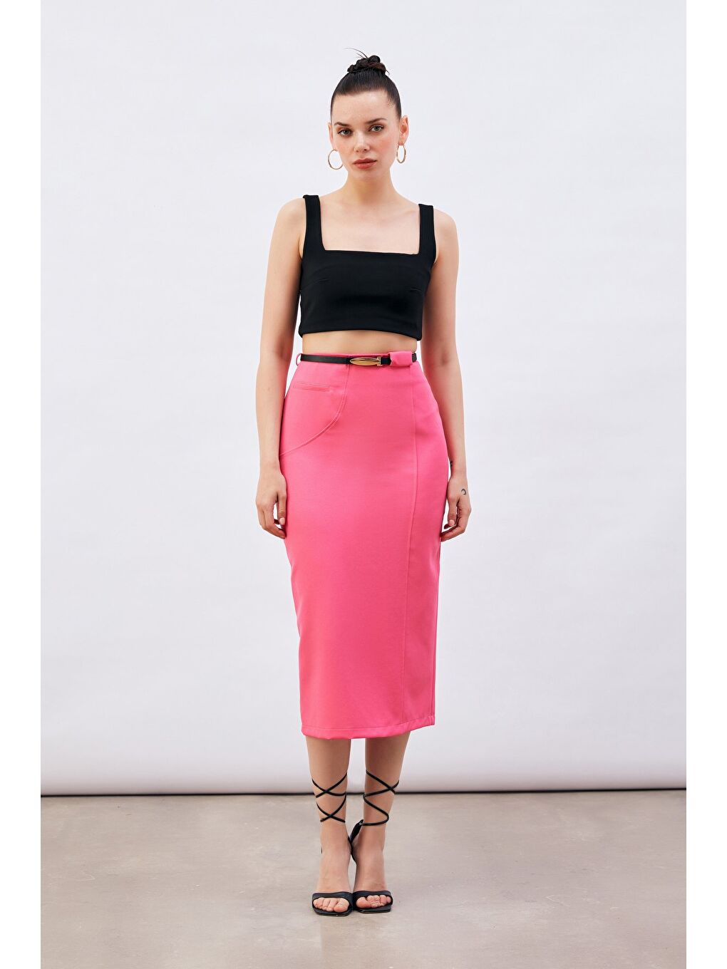Kemerli Midi Boy Kalem Etek - Fuşya