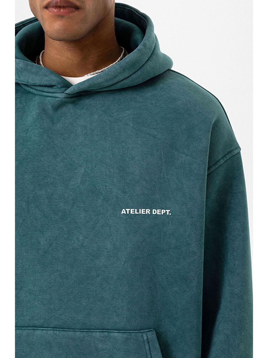 Yıkamalı Oversıze Kapüşonlu Erkek Hoodie Petrol-3