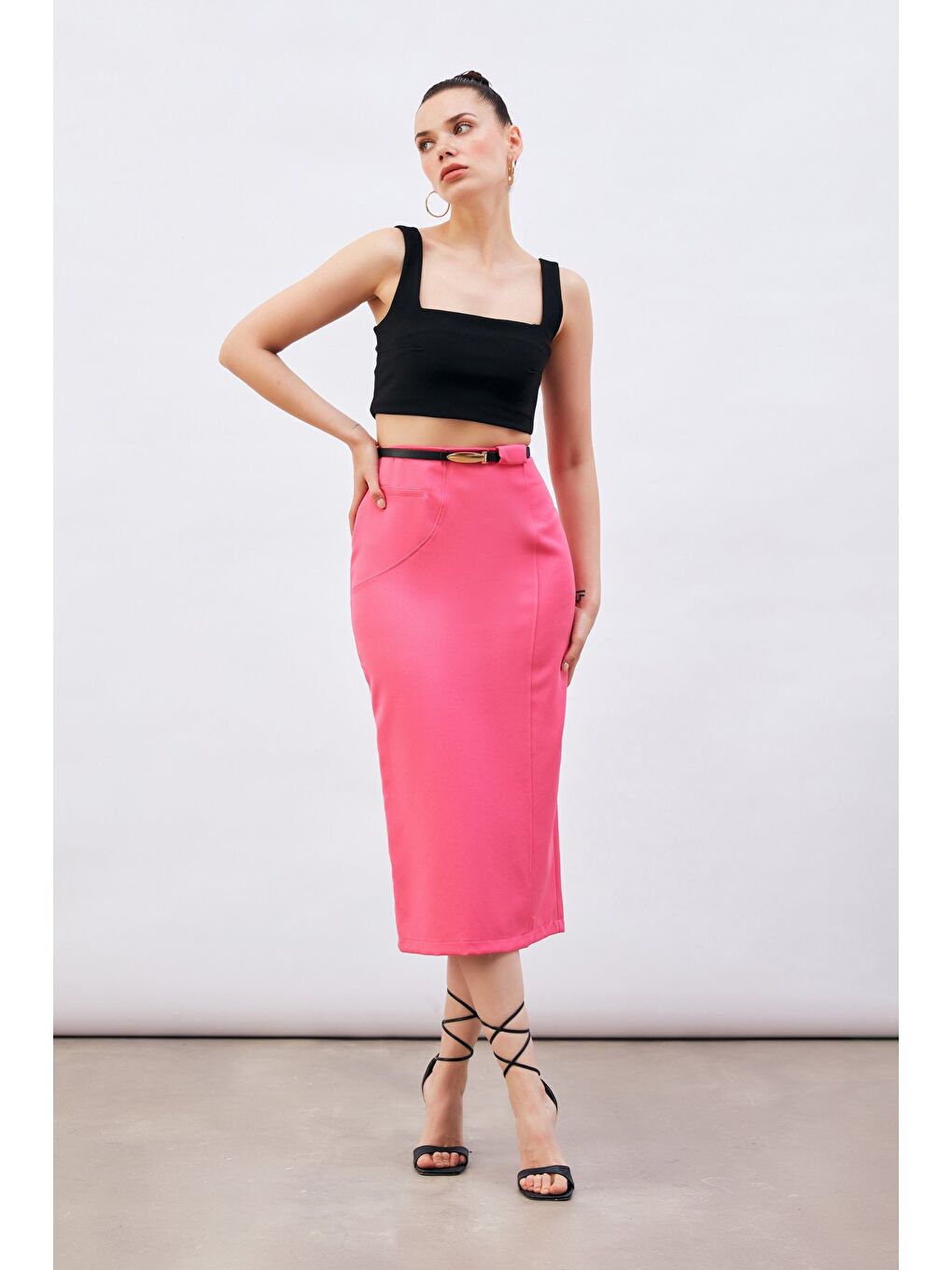 Kemerli Midi Boy Kalem Etek - Fuşya-1