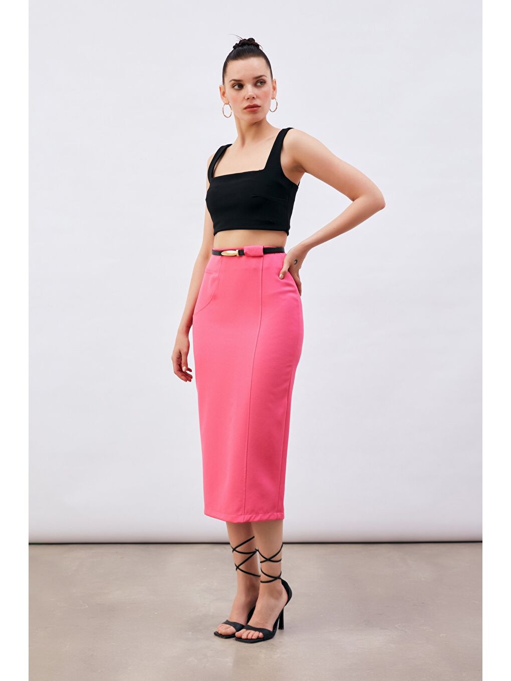 Kemerli Midi Boy Kalem Etek - Fuşya-2