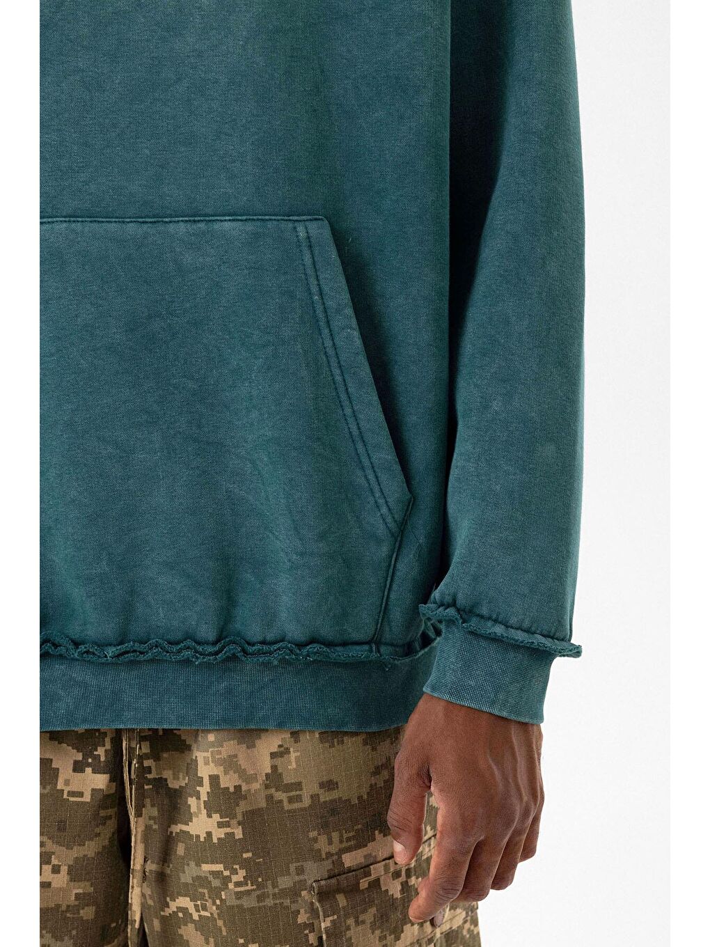 Yıkamalı Oversıze Kapüşonlu Erkek Hoodie Petrol-4