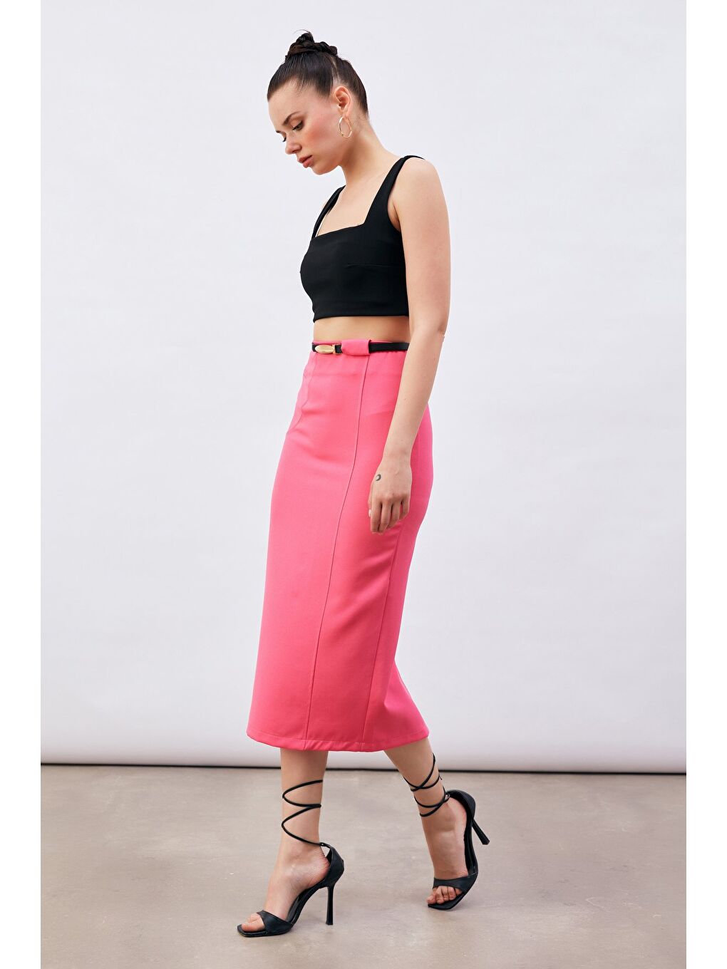 Kemerli Midi Boy Kalem Etek - Fuşya-3