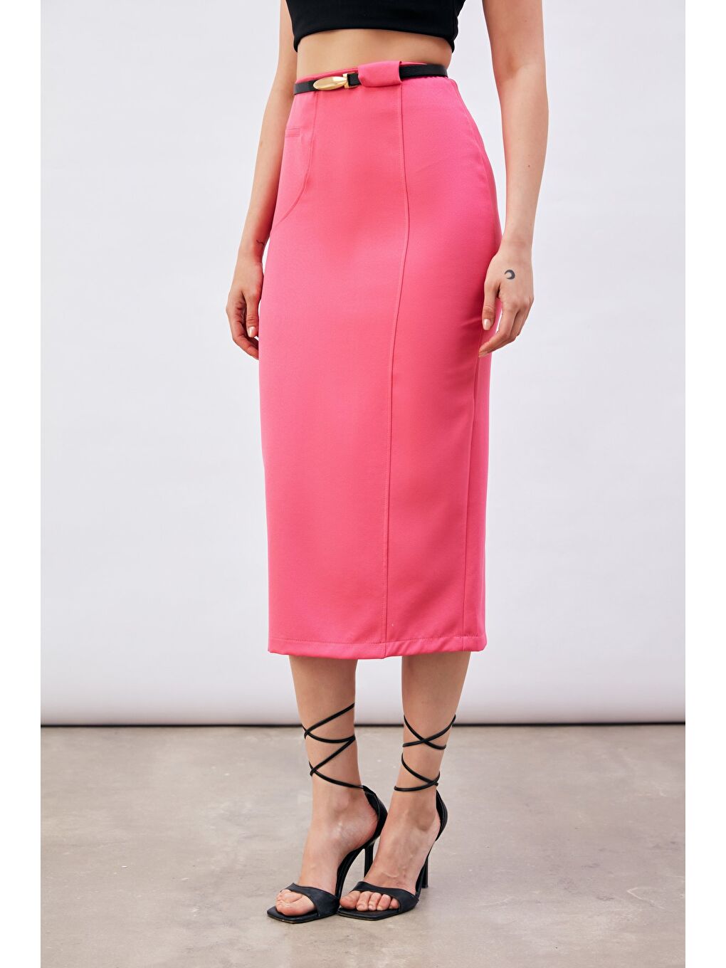 Kemerli Midi Boy Kalem Etek - Fuşya-4
