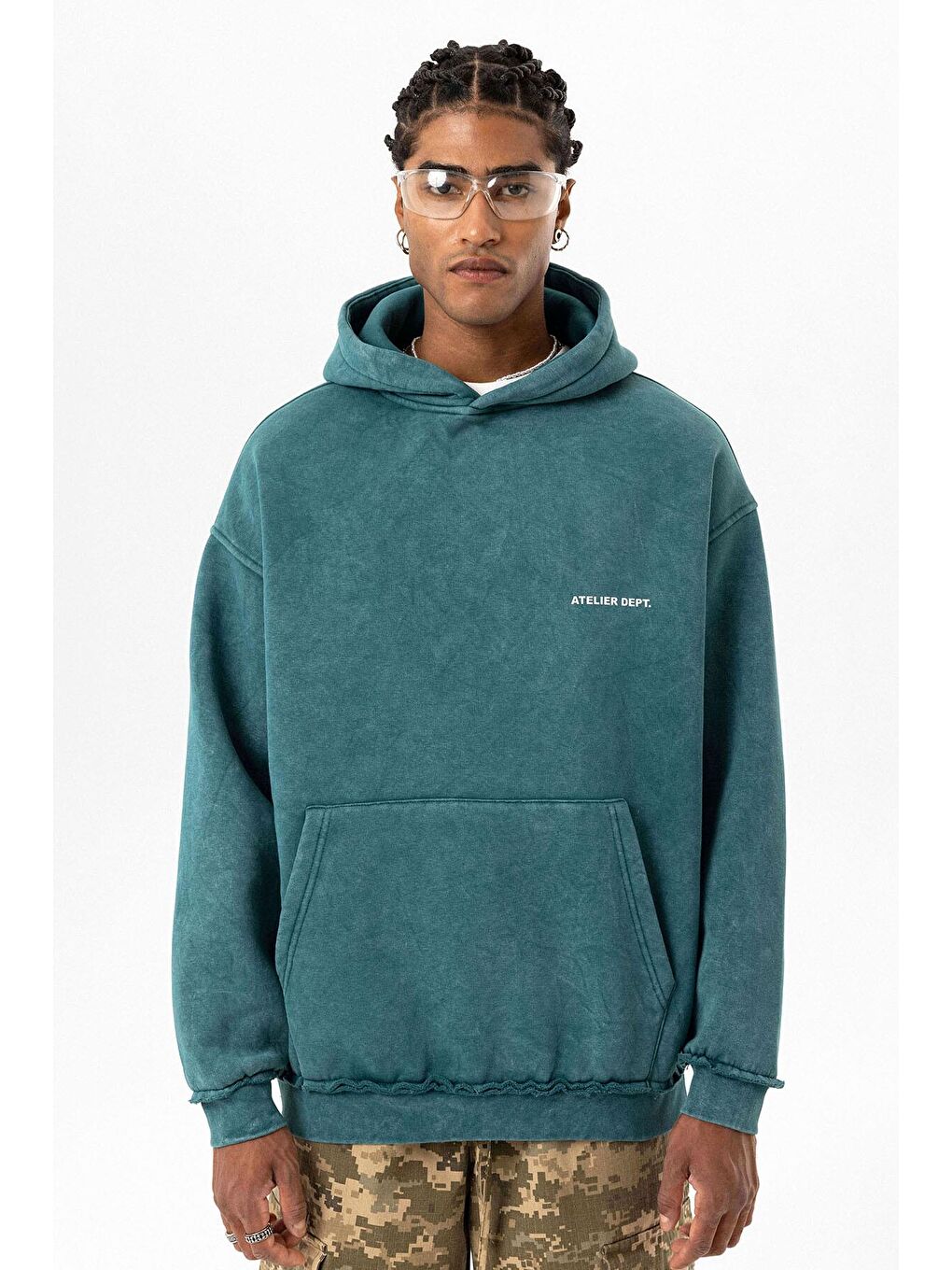 Yıkamalı Oversıze Kapüşonlu Erkek Hoodie Petrol-5