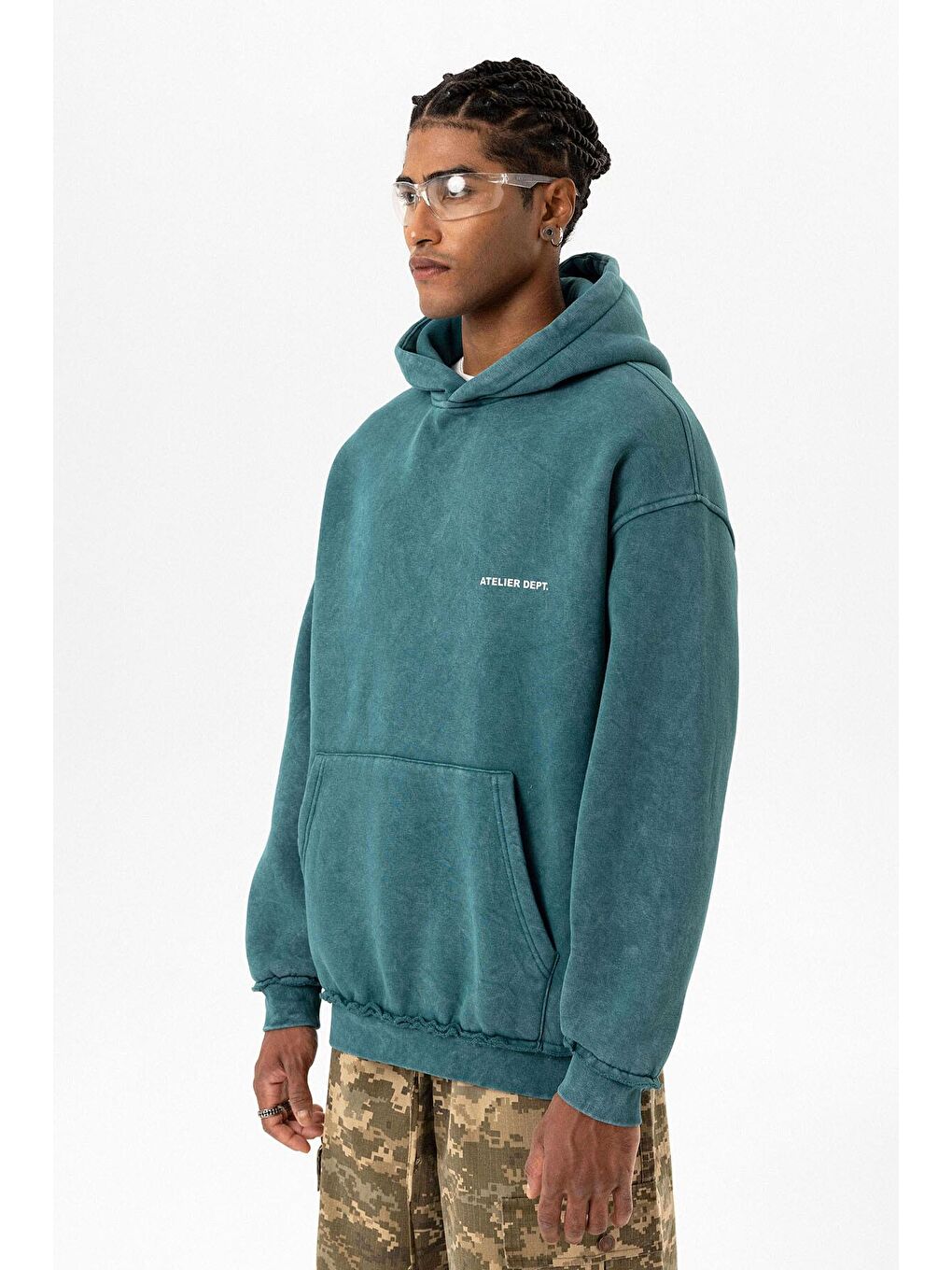 Yıkamalı Oversıze Kapüşonlu Erkek Hoodie Petrol-7