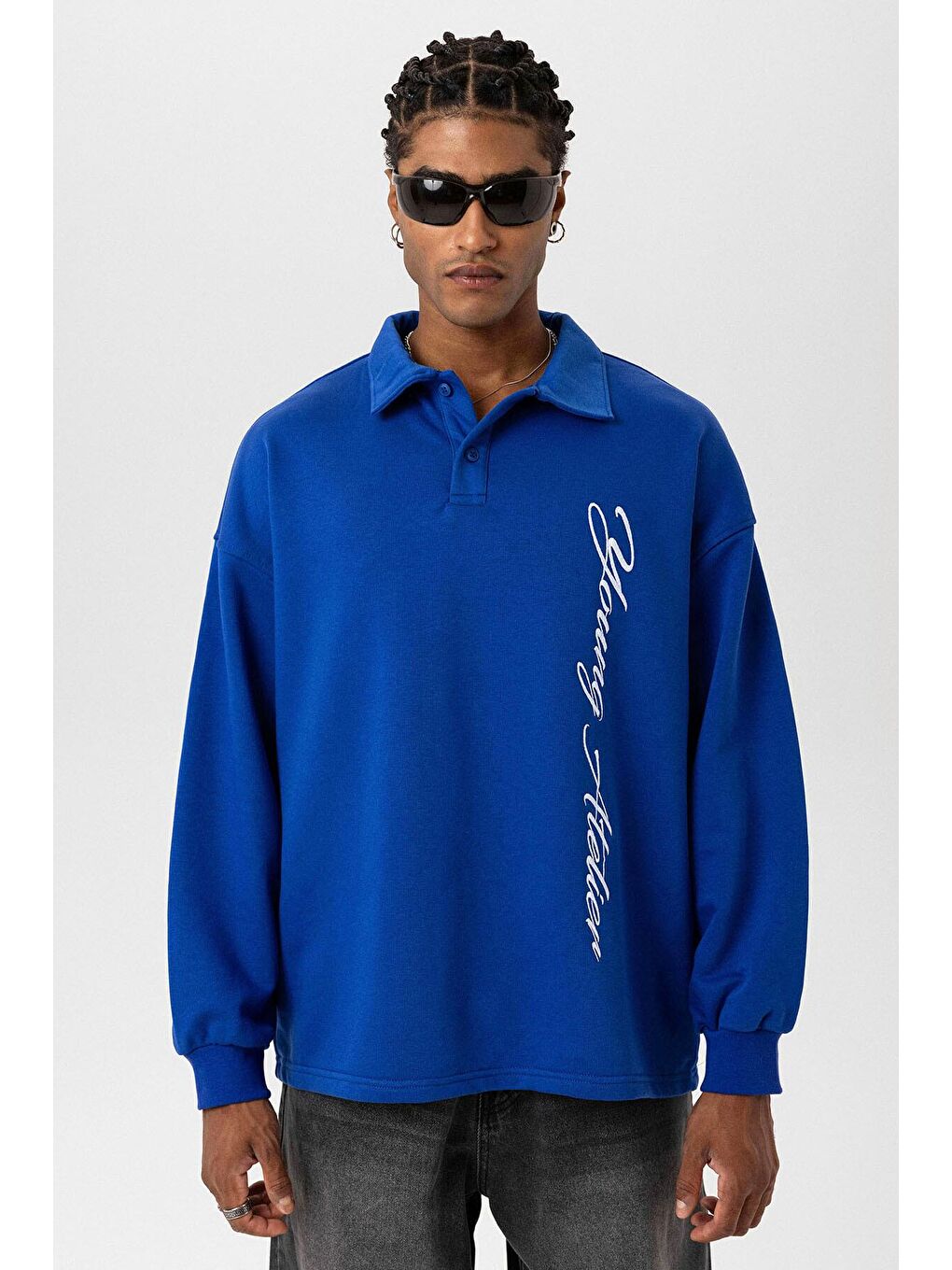 Mavi Polo Yaka Yazı Detaylı Oversize Sweatshirt Saks