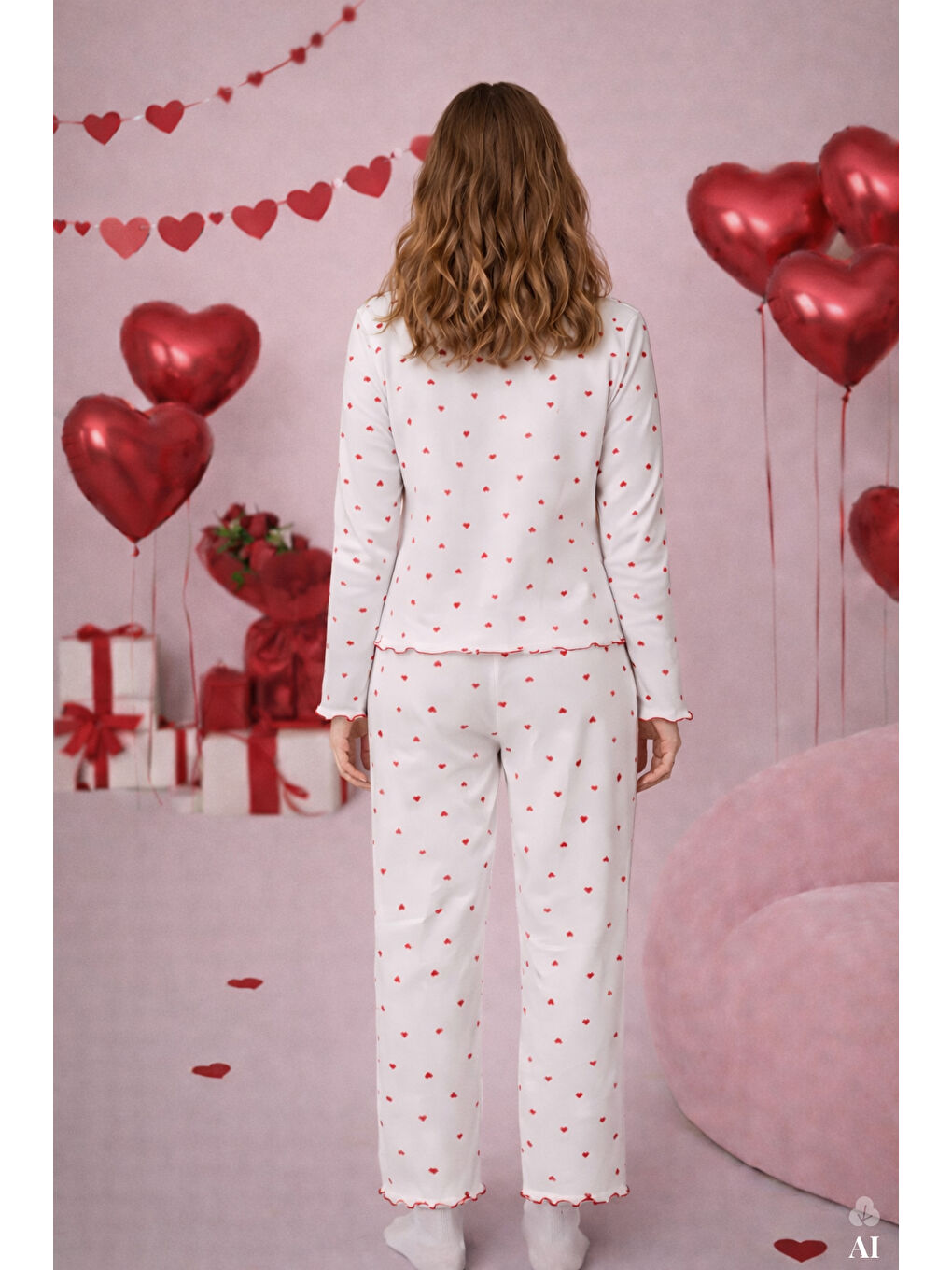 Kırmızı Kadın Pamuklu Çıtır Çiçek Desenli Baby Overloklu Fiyonklu Uzun Kollu Pijama Takımı-1