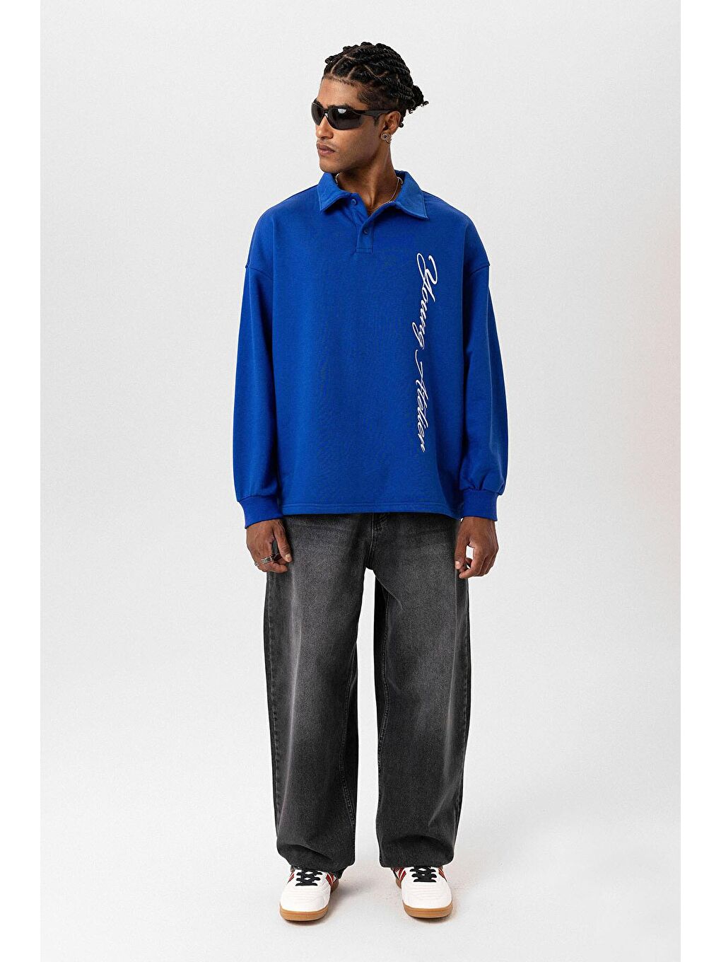 Mavi Polo Yaka Yazı Detaylı Oversize Sweatshirt Saks-2