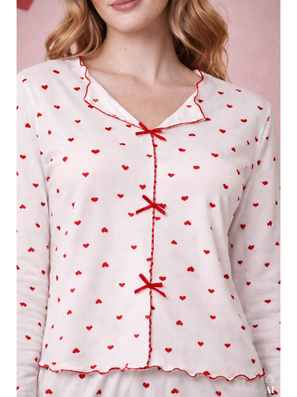 Kırmızı Kadın Pamuklu Çıtır Çiçek Desenli Baby Overloklu Fiyonklu Uzun Kollu Pijama Takımı-2