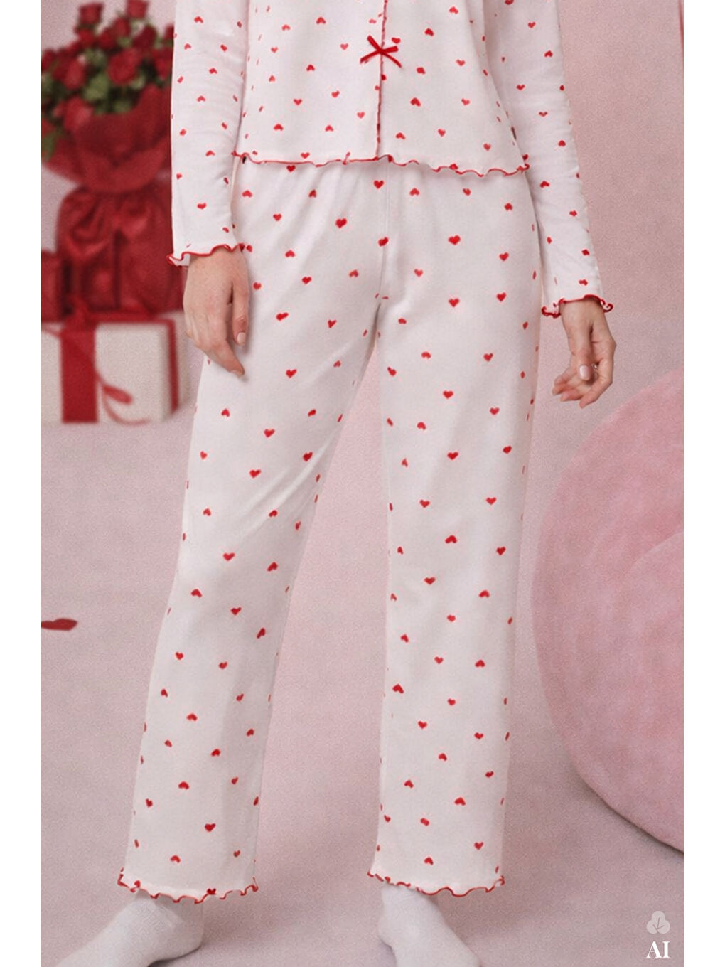 Kırmızı Kadın Pamuklu Çıtır Çiçek Desenli Baby Overloklu Fiyonklu Uzun Kollu Pijama Takımı-3