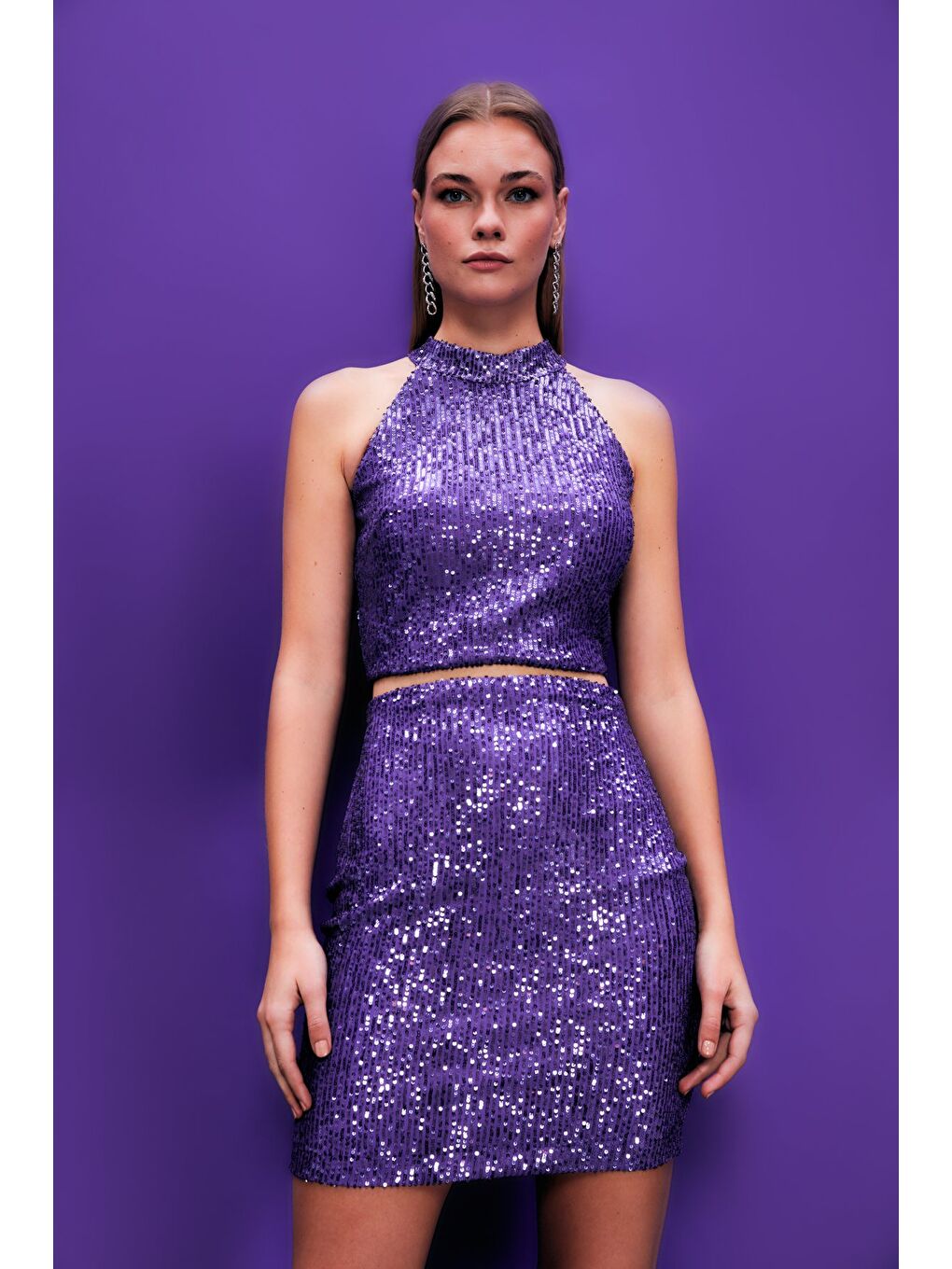 Payetli Mini Etek - Mor