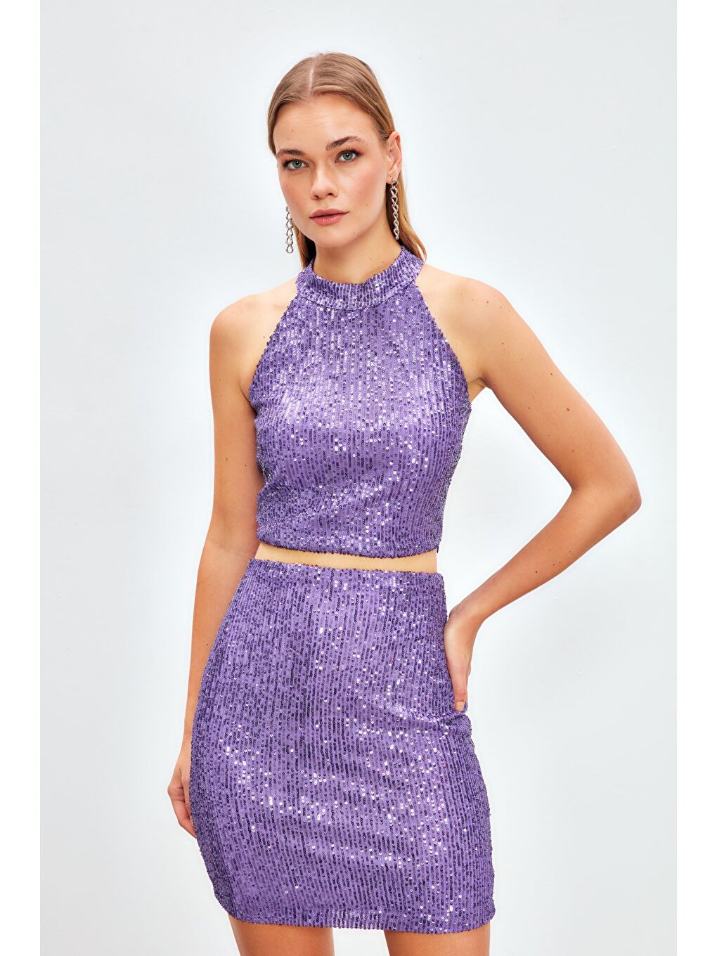 Payetli Mini Etek - Mor-1