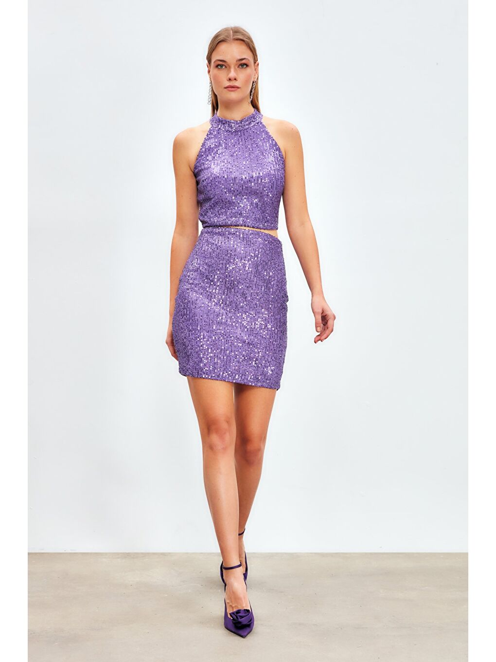 Payetli Mini Etek - Mor-3