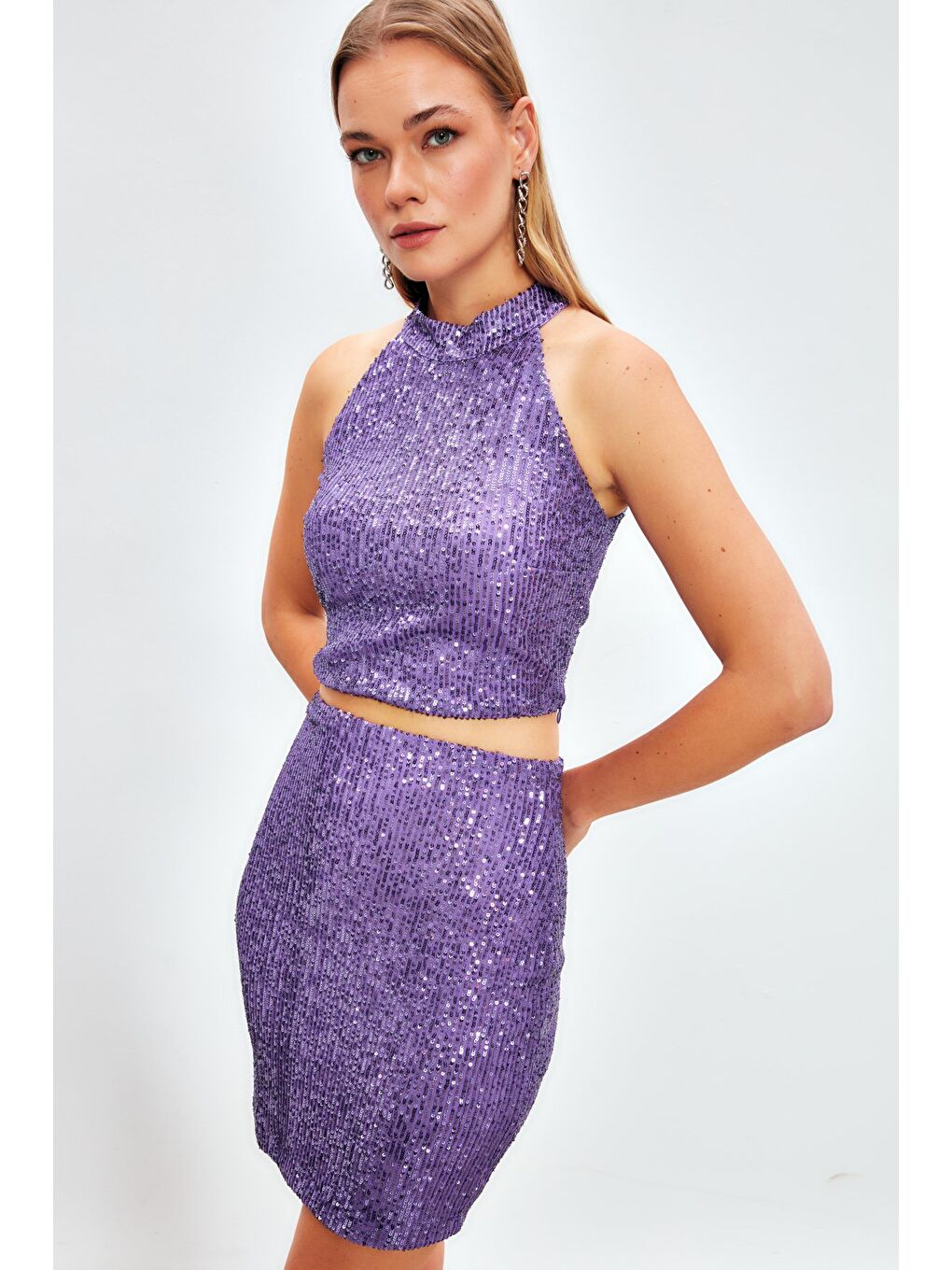 Payetli Mini Etek - Mor-4