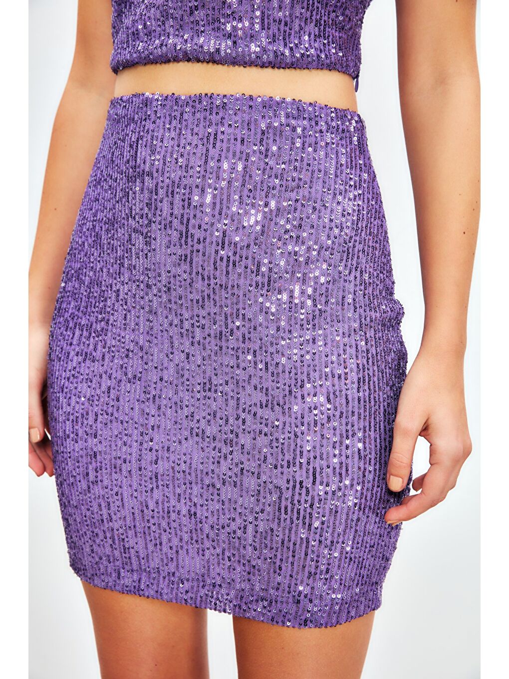 Payetli Mini Etek - Mor-5