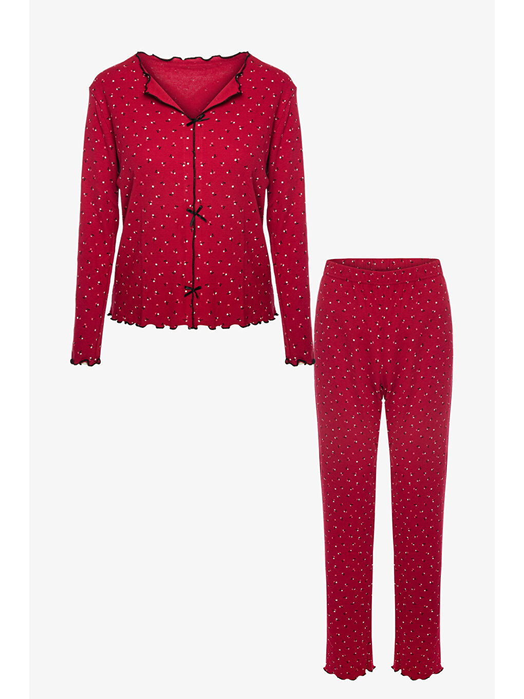 Bordo Kadın Pamuklu Çıtır Çiçek Desenli Baby Overloklu Fiyonklu Uzun Kollu Pijama Takımı