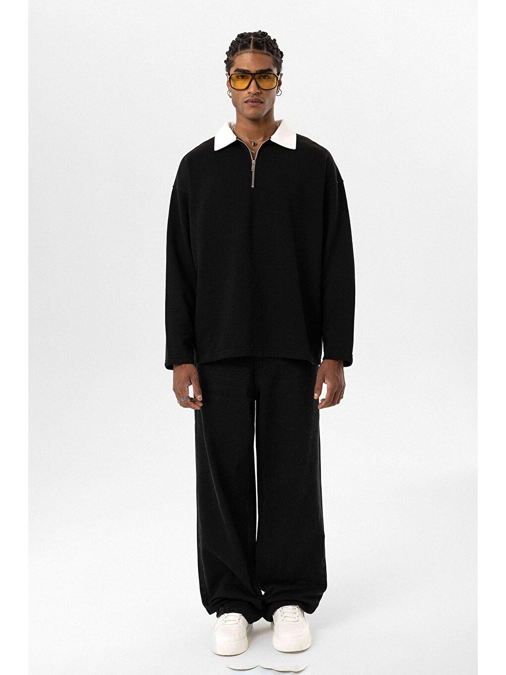 Siyah Basic Polo Yaka Fermuar Detaylı Erkek Eşofman Altı