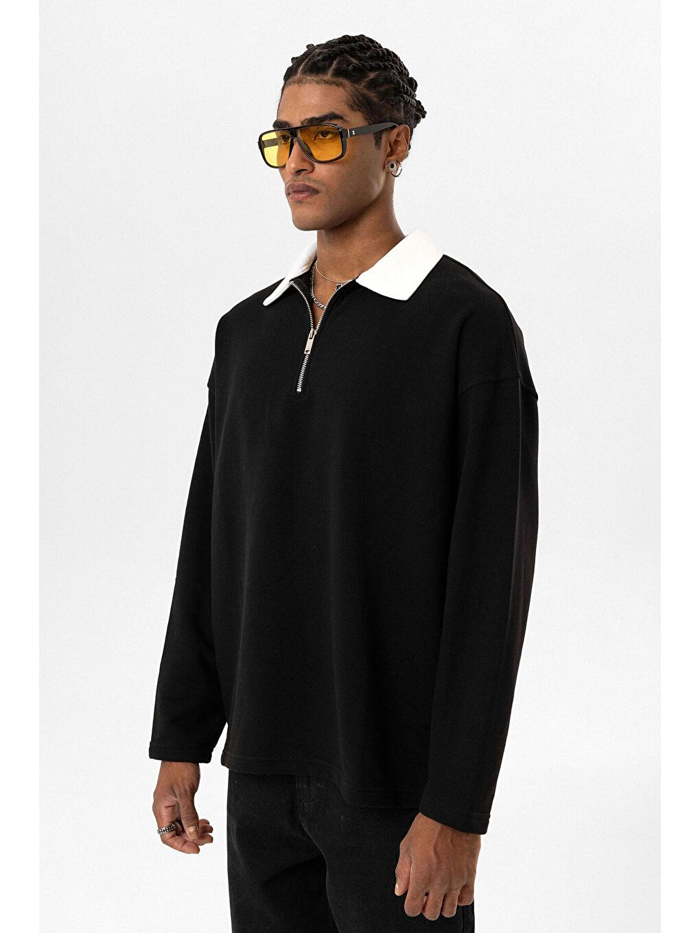 Siyah Basic Polo Yaka Fermuar Detaylı Erkek Eşofman Altı-2