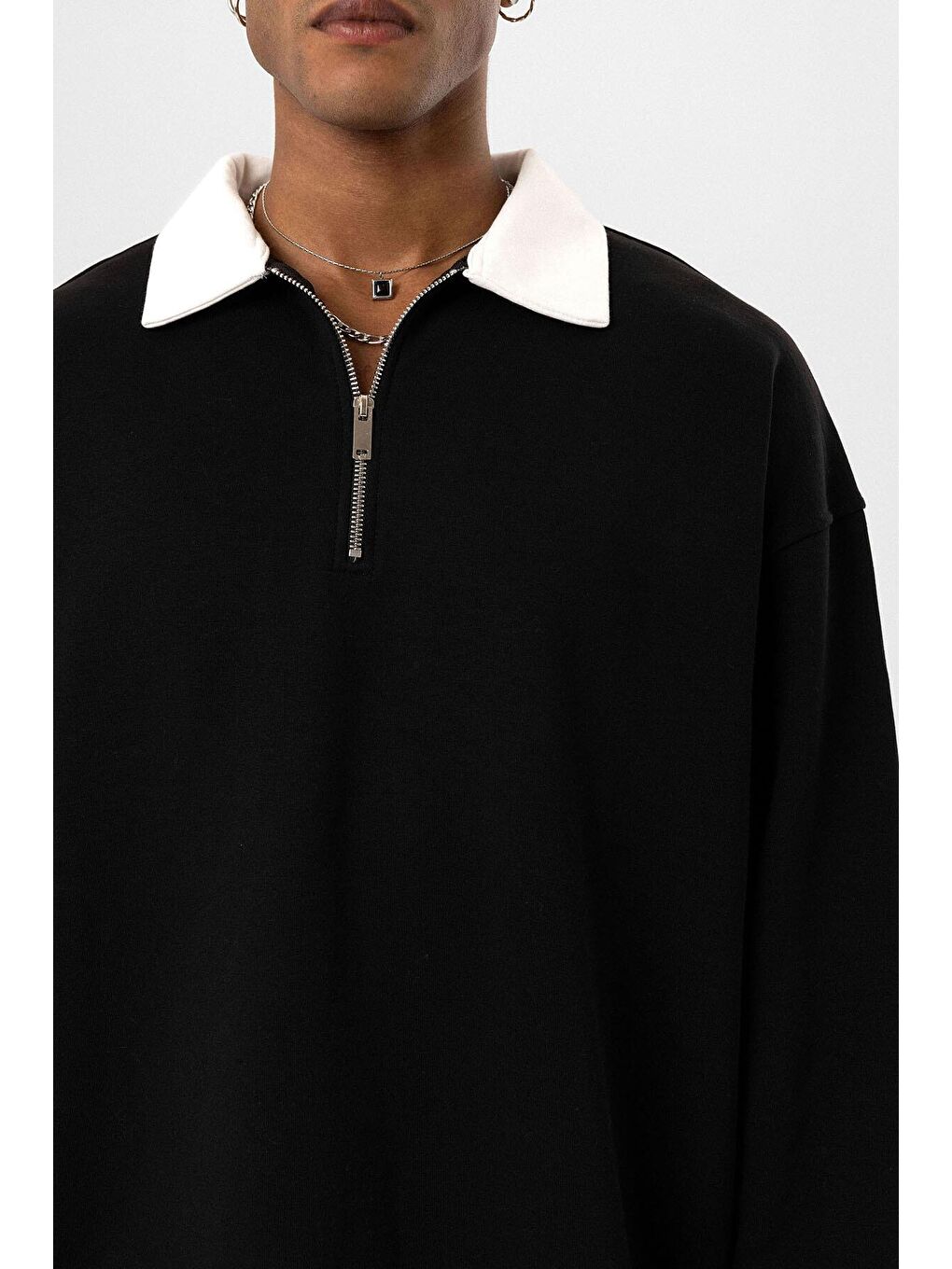 Siyah Basic Polo Yaka Fermuar Detaylı Erkek Eşofman Altı-4