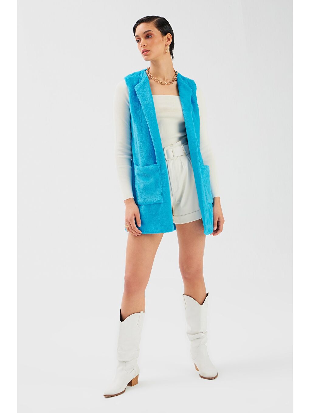 Cep Detaylı Pelüş Yelek   Mavi