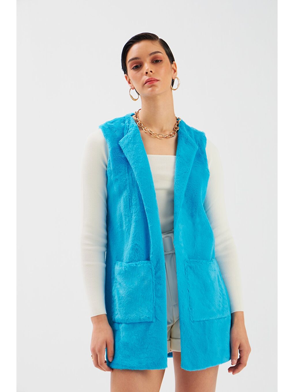 Cep Detaylı Pelüş Yelek   Mavi-1